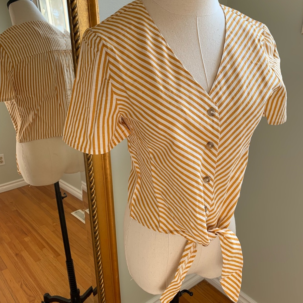 Mango yellow stripe linen blend top
